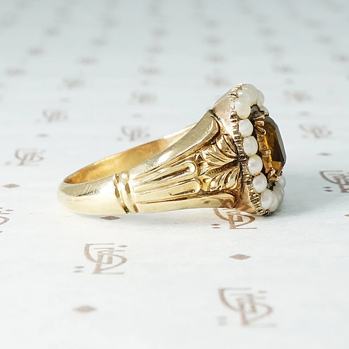 Georgian Golden Citrine and Pearl Ring