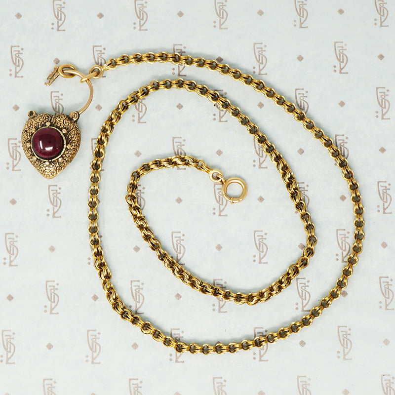 georgian heart lock locket back with garnet carbuncle on gold chain