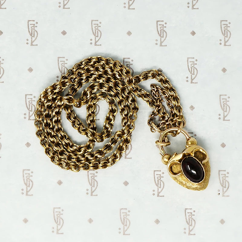 georgian heart lock locket back with garnet carbuncle on gold chain