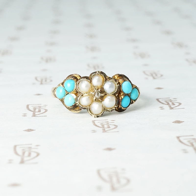 Victorian White Rose Love Token Ring with Pearl and Turquoise