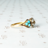 Victorian White Rose Love Token Ring with Pearl and Turquoise