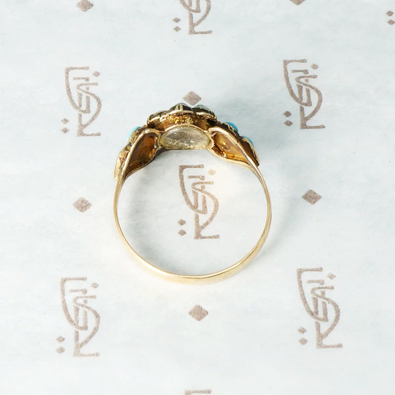 Victorian White Rose Love Token Ring with Pearl and Turquoise