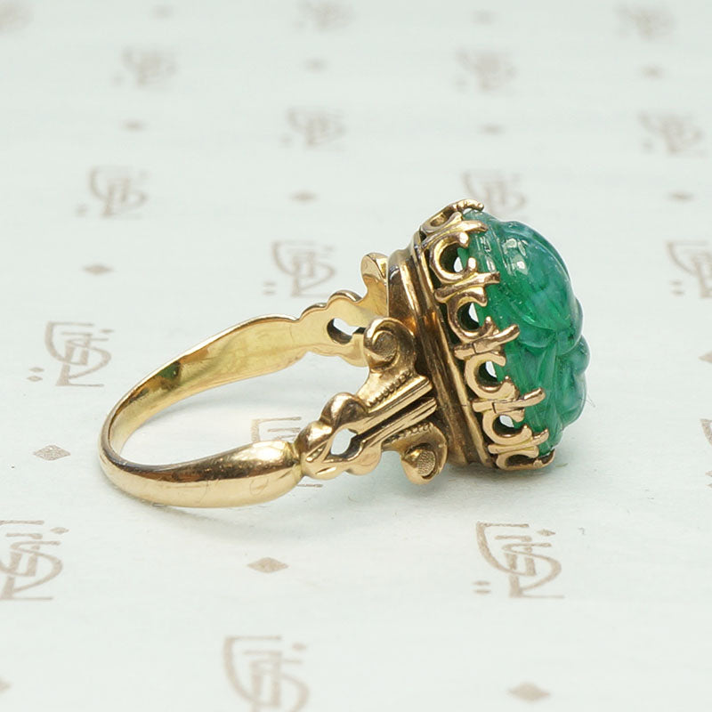 Påte de Verre Scarab Ring in Gothic Revival Setting, side view.