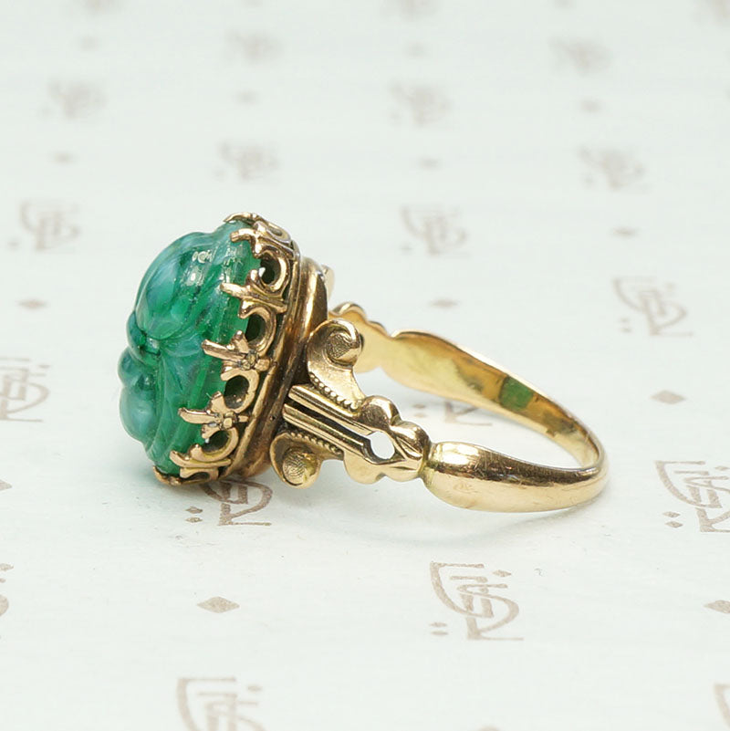 Påte de Verre Scarab Ring in Gothic Revival Setting, side view.