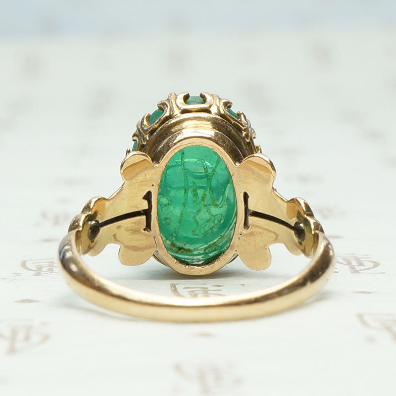 Påte de Verre Scarab Ring in Gothic Revival Setting, back view.