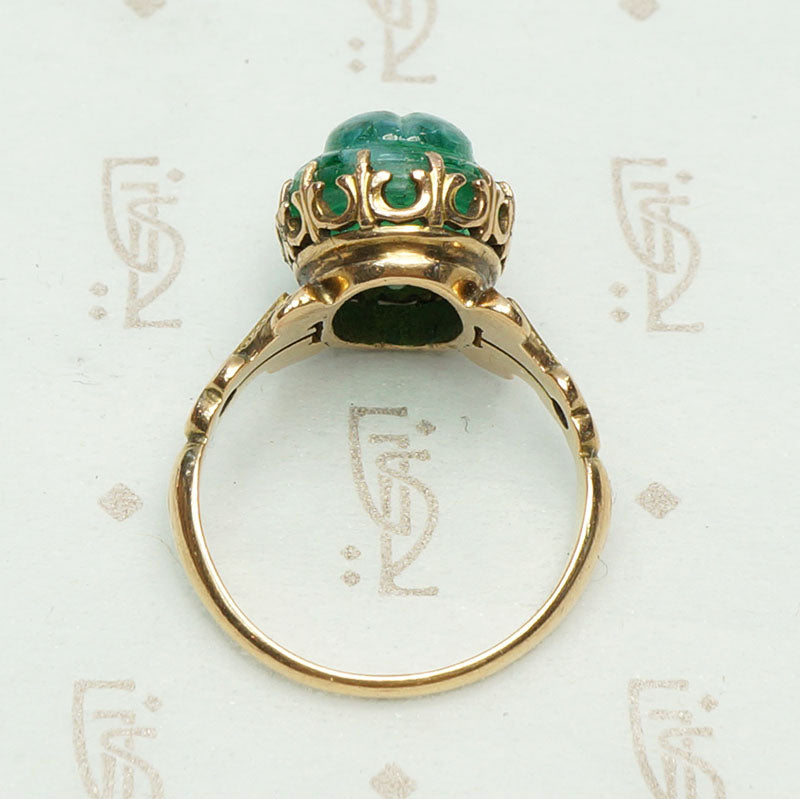 Påte de Verre Scarab Ring in Gothic Revival Setting, top view.