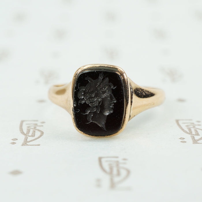 antique black onyx godess intaglio ring