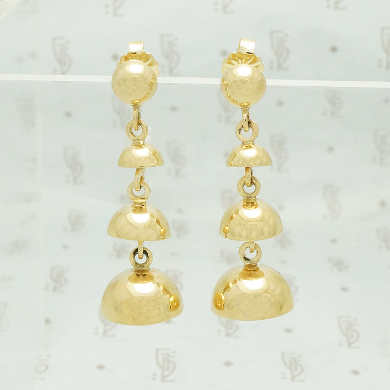 14k yellow gold vintage post earrings shaped like a string of bells