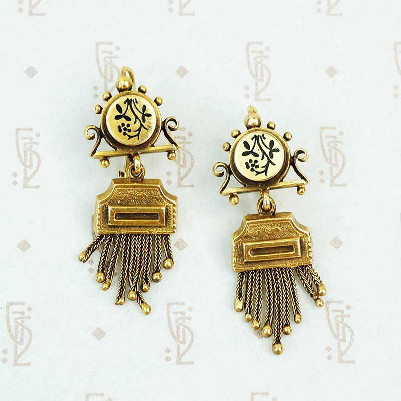 victorian revival 14k yellow gold black enamel fringe earrings