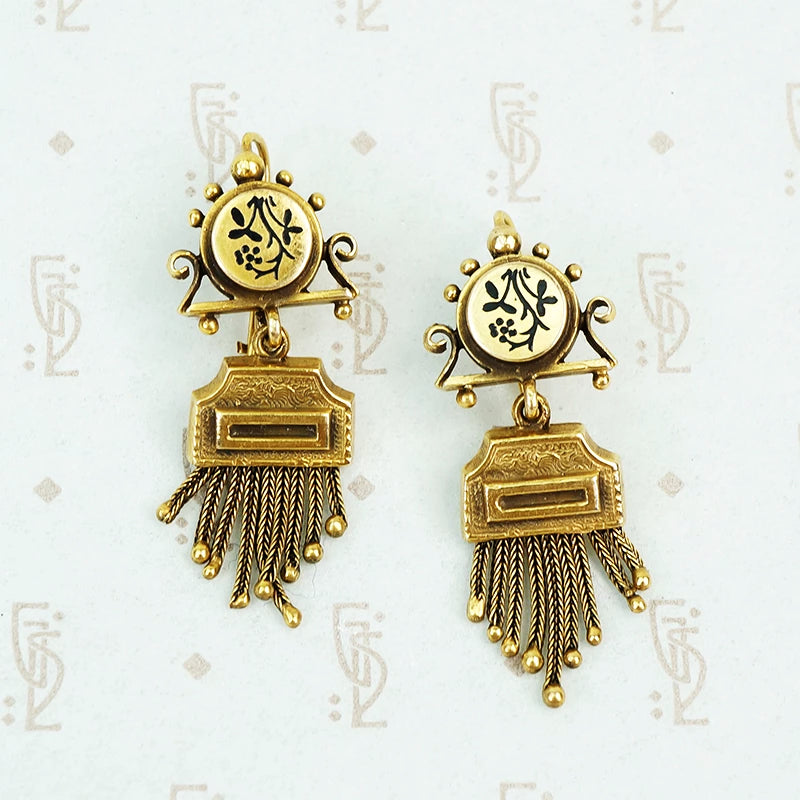 victorian revival 14k yellow gold black enamel fringe earrings