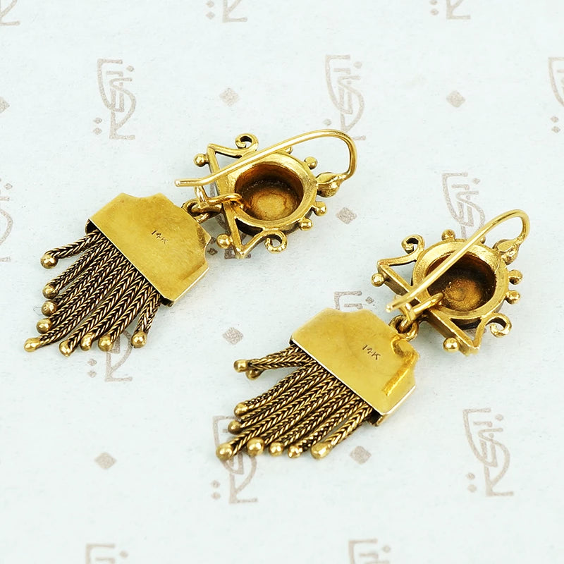 victorian revival 14k yellow gold black enamel fringe earrings
