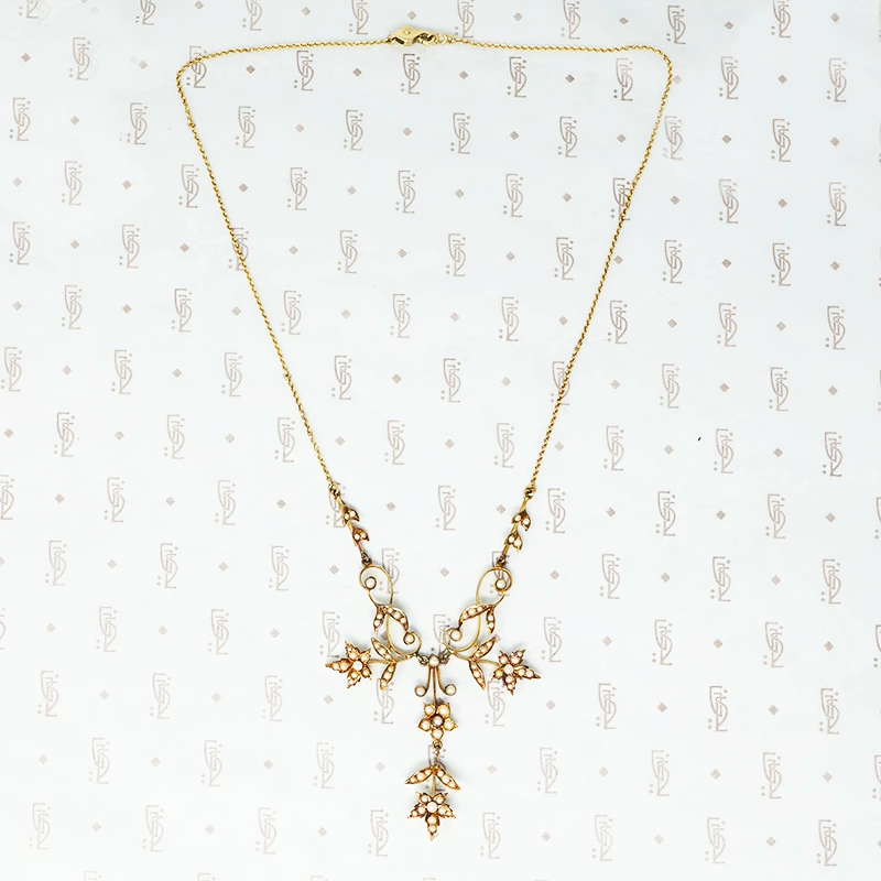 edwardian split pearl gold foliate necklace with pendant hook