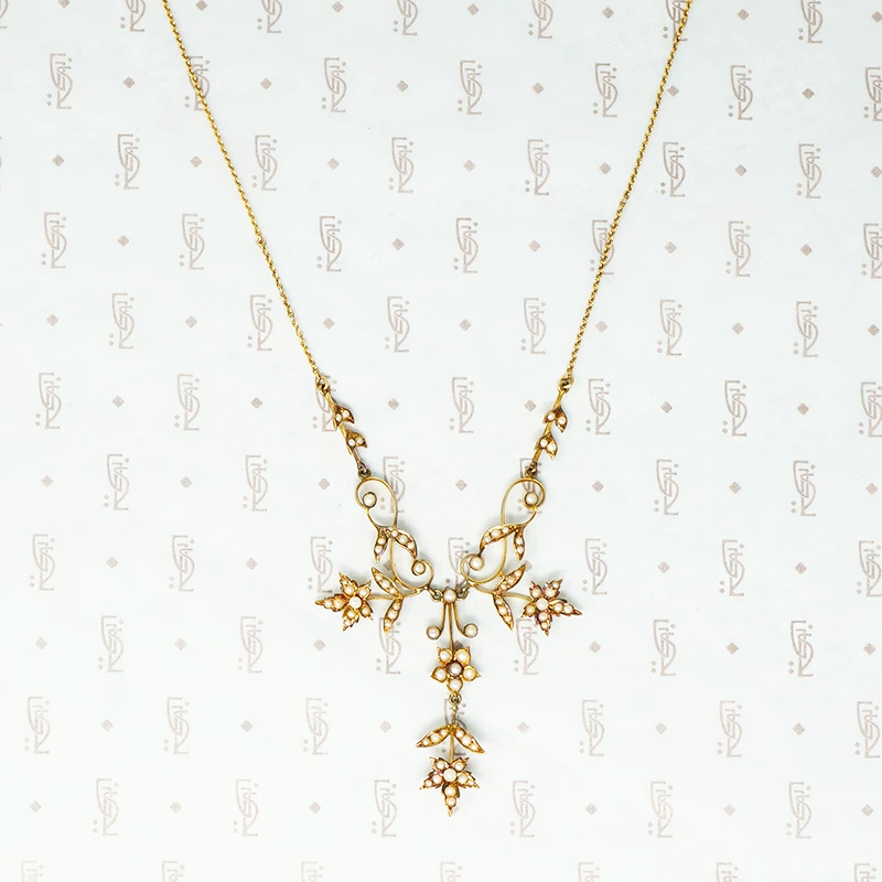 edwardian split pearl gold foliate necklace with pendant hook reverse