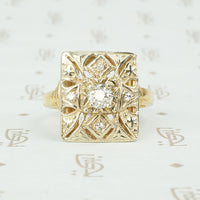 vintage 1930's rectangular tablet ring with filigree and diamonds in 14k yellow gold