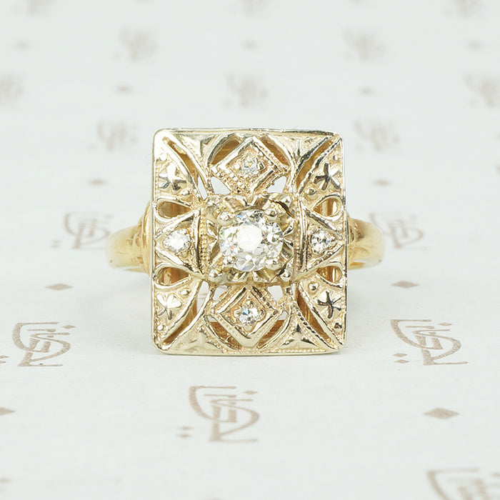 vintage 1930's rectangular tablet ring with filigree and diamonds in 14k yellow gold
