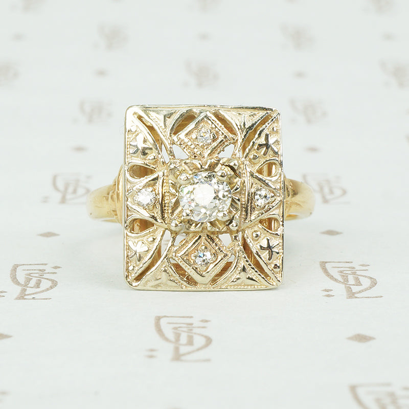 vintage 1930's rectangular tablet ring with filigree and diamonds in 14k yellow gold