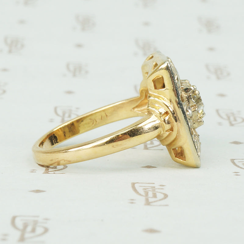 vintage 1930's rectangular tablet ring with filigree and diamonds in 14k yellow gold