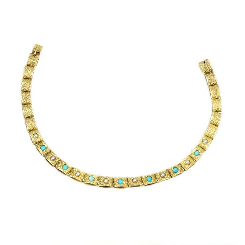 Vintage Turquoise and Pearl 15k Gold Link Bracelet