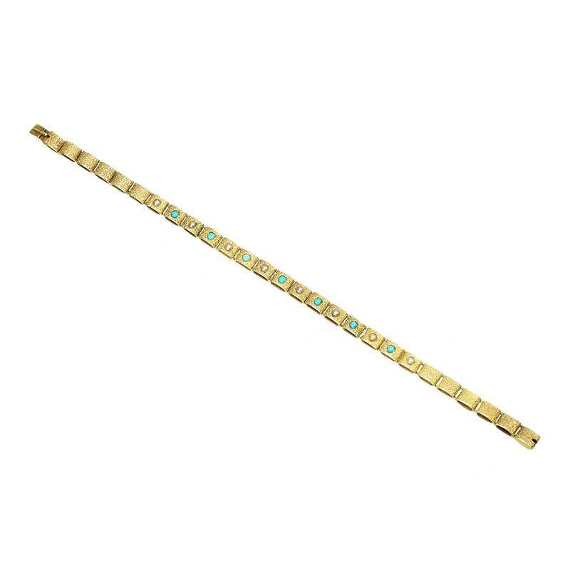 Vintage Turquoise and Pearl 15k Gold Link Bracelet