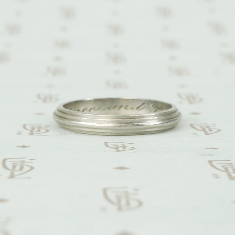 vintage groove platinum wedding band 3-25-38 engraved Grace and Bob