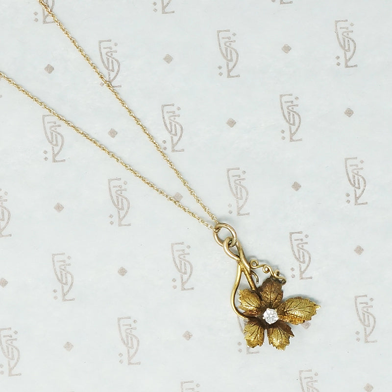 14k yellow gold multi textured pendant grape leaf with oec diamond