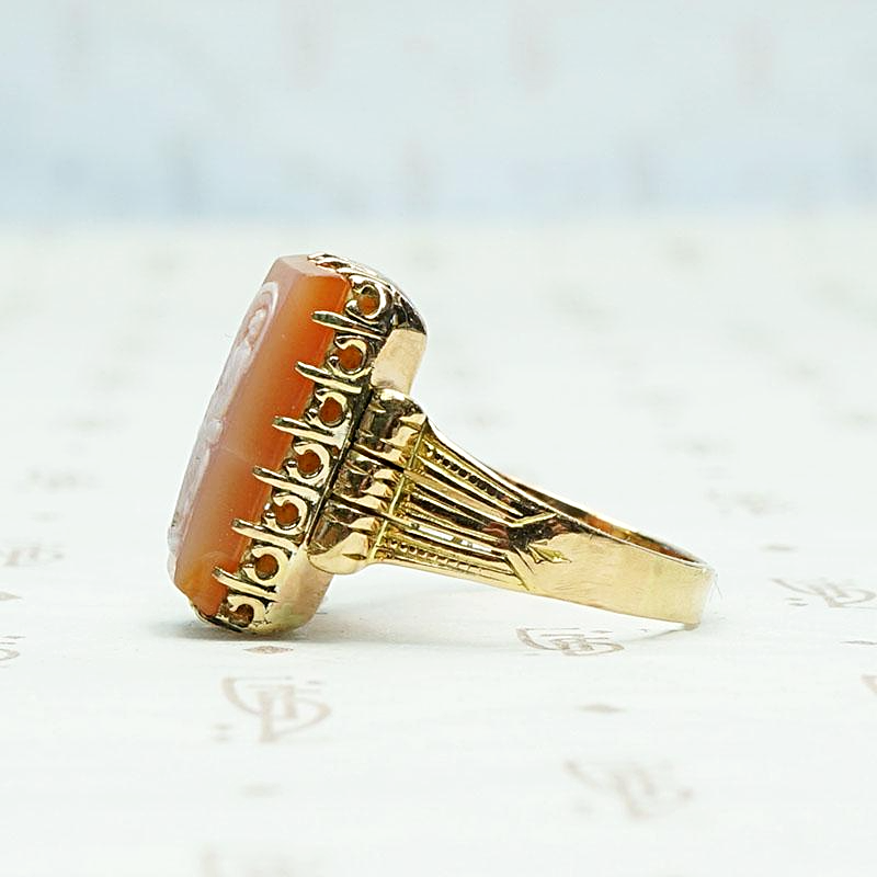 Veiled Maiden Cameo in Aesthetic Movement Ring, side view.