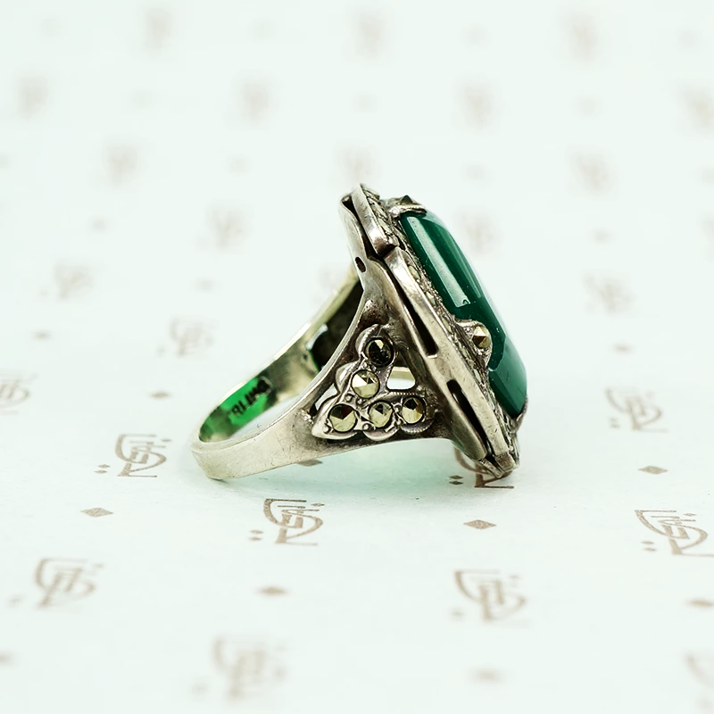 deco marcasite sterling and chrysoprase ring detail view