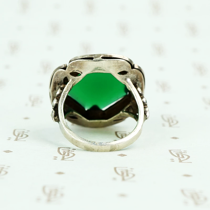deco marcasite sterling and chrysoprase ring back view
