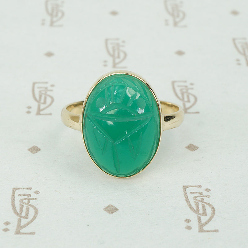vintage green chrysoprase scarab in 14k recycled gold ring