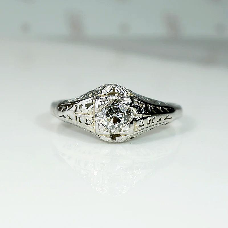Ornate White Gold Engagement Ring with Charming Old Mine Cut Diamond
