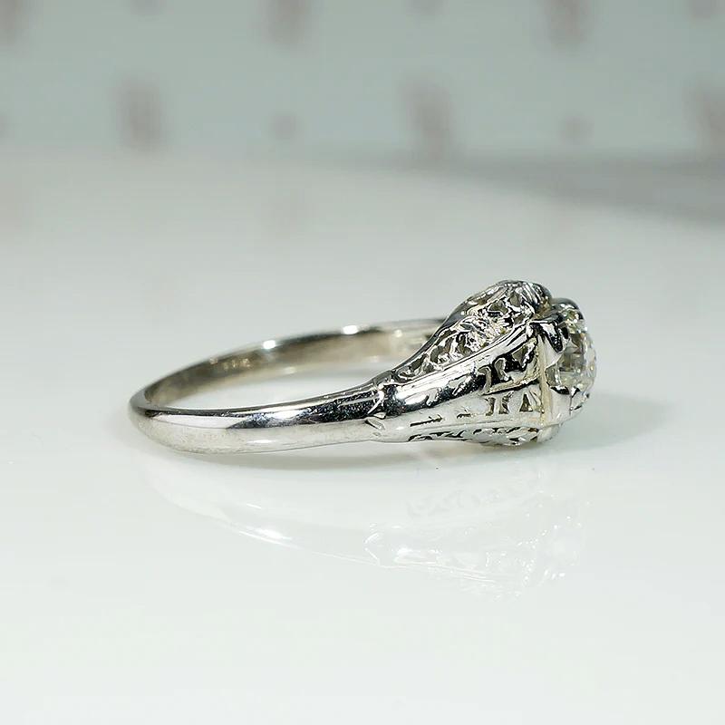 Ornate White Gold Engagement Ring with Charming Old Mine Cut Diamond