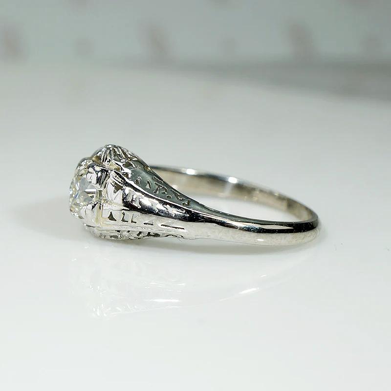 Ornate White Gold Engagement Ring with Charming Old Mine Cut Diamond