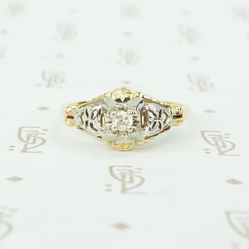 butterfly side 2 tone 14k yellow and white gold diamond engagement ring circa 1930