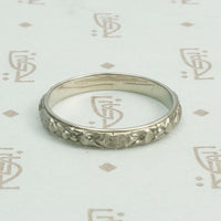 18k White Gold Floral Wedding Band, side view.