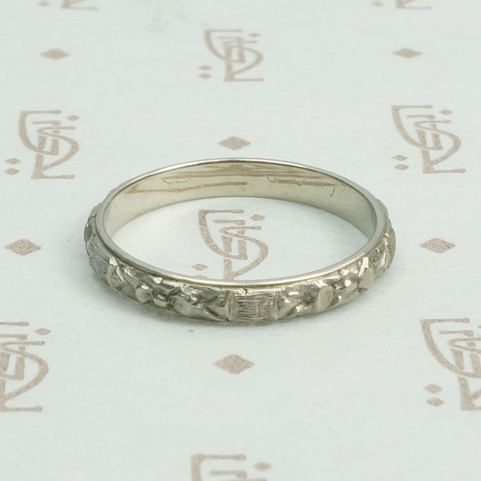 18k White Gold Floral Wedding Band, side view.