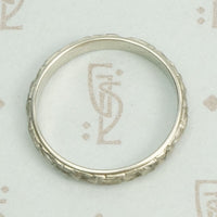 18k White Gold Floral Wedding Band, top view.