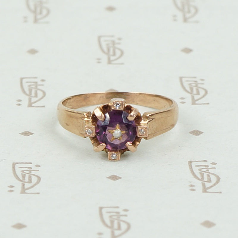 Engraved Amethyst and Rose Gold Victorian Ring