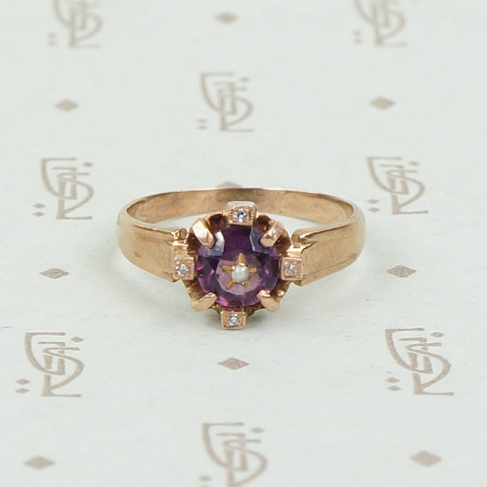 Engraved Amethyst and Rose Gold Victorian Ring