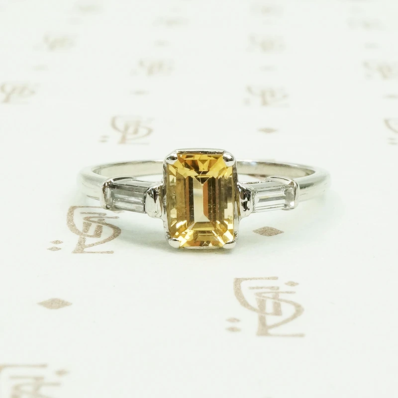 emerald cut imperial topaz baguette diamond sides platinum vintage engagement ring