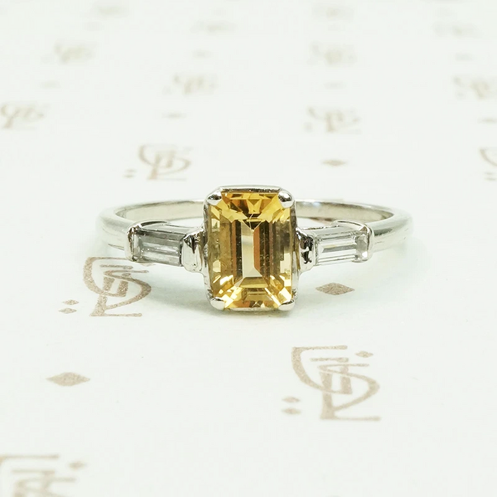 emerald cut imperial topaz baguette diamond sides platinum vintage engagement ring