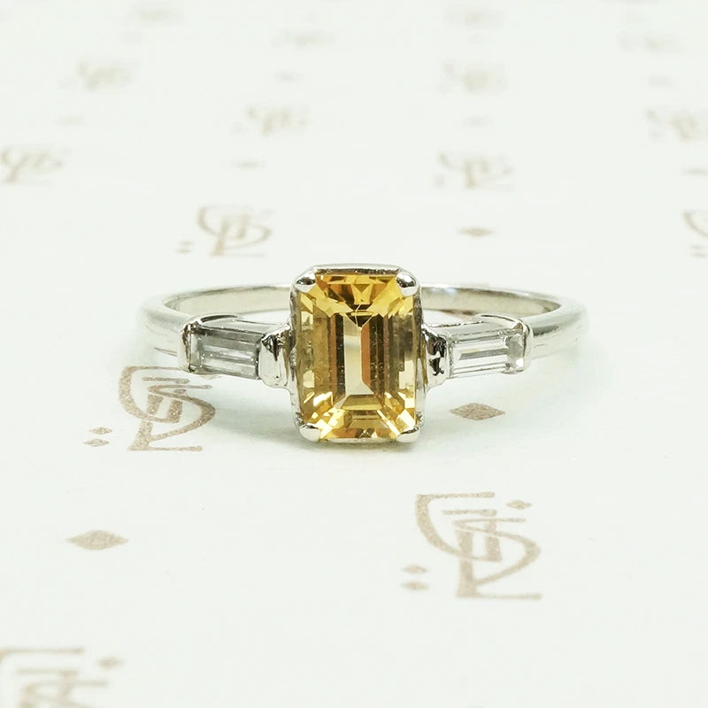 emerald cut imperial topaz baguette diamond sides platinum vintage engagement ring