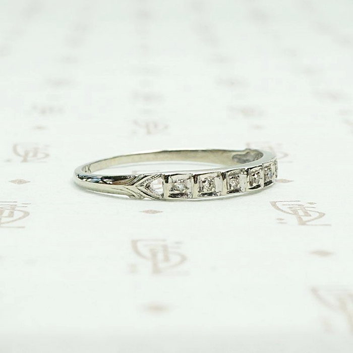 Deco Step Side Diamond White Gold Band. Side view.