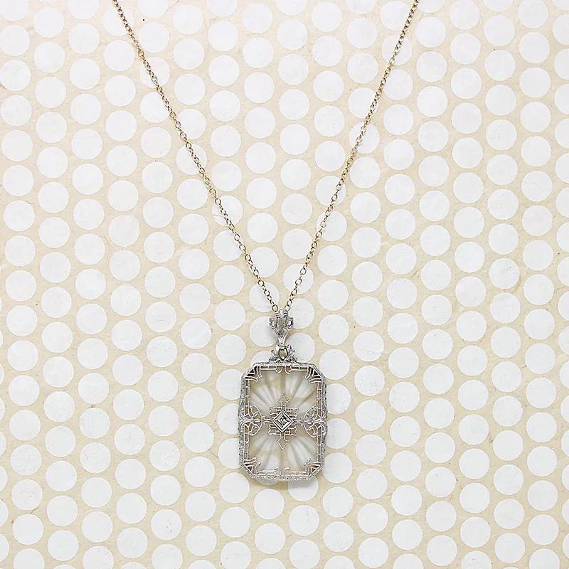Lacy Filigree Framed Camphor Glass Necklace