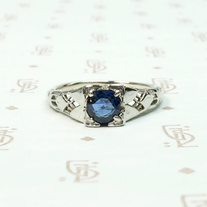 Deco Sapphire Solitaire in White Gold Filigree