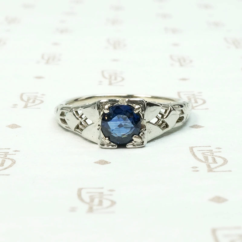 Deco Sapphire Solitaire in White Gold Filigree