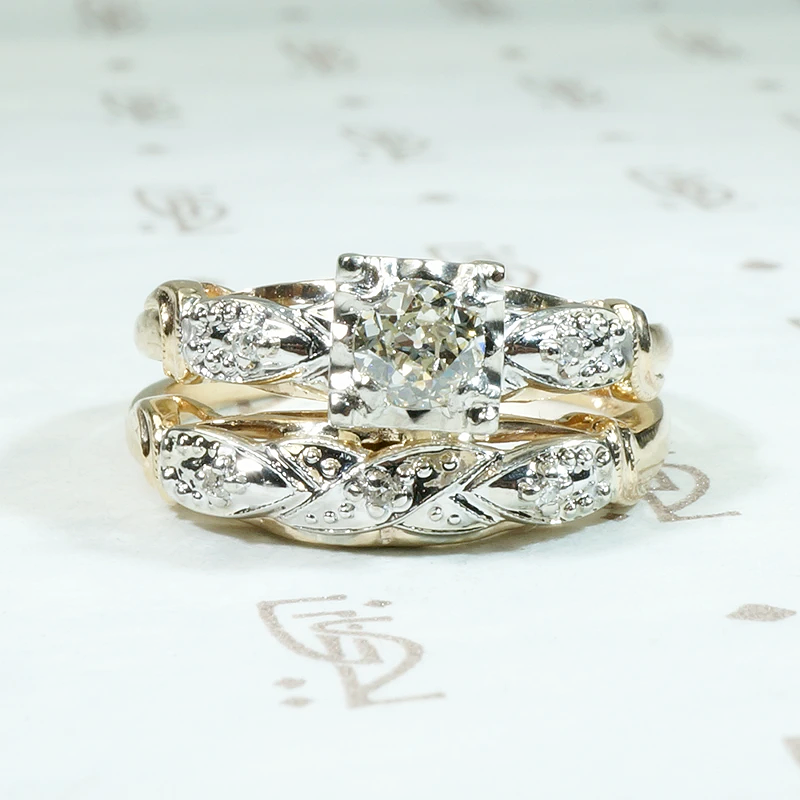 NOS Two-Tone Old Euro Diamond Wedding Set