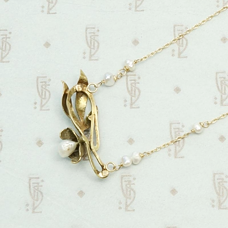 Art Nouveau Gold & Pearl Necklace by brunet, back detail