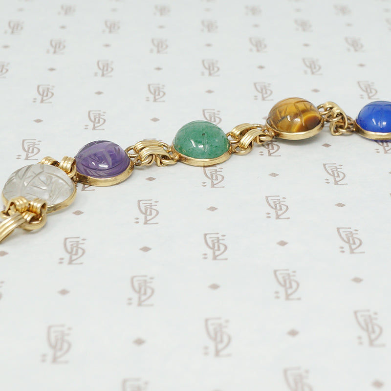 gold filled and hardstone scarab bracelet close up