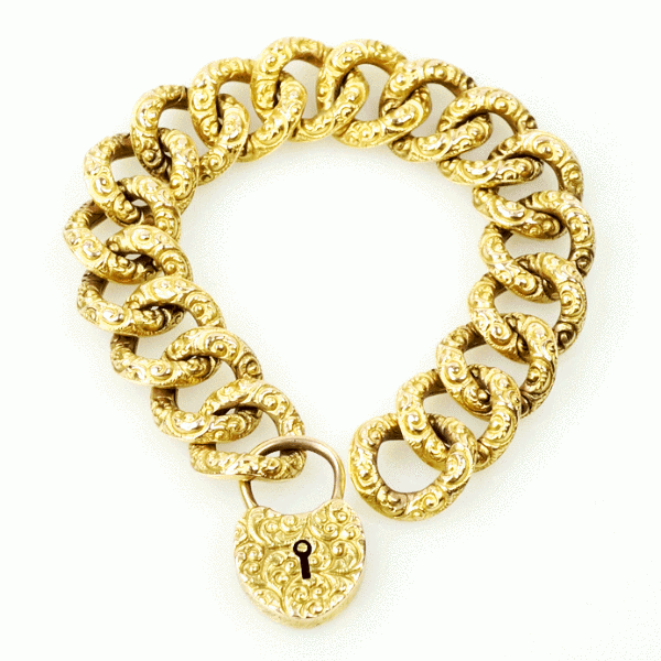 Victorian 15k Yellow gold Repoussé Heart Lock Bracelet