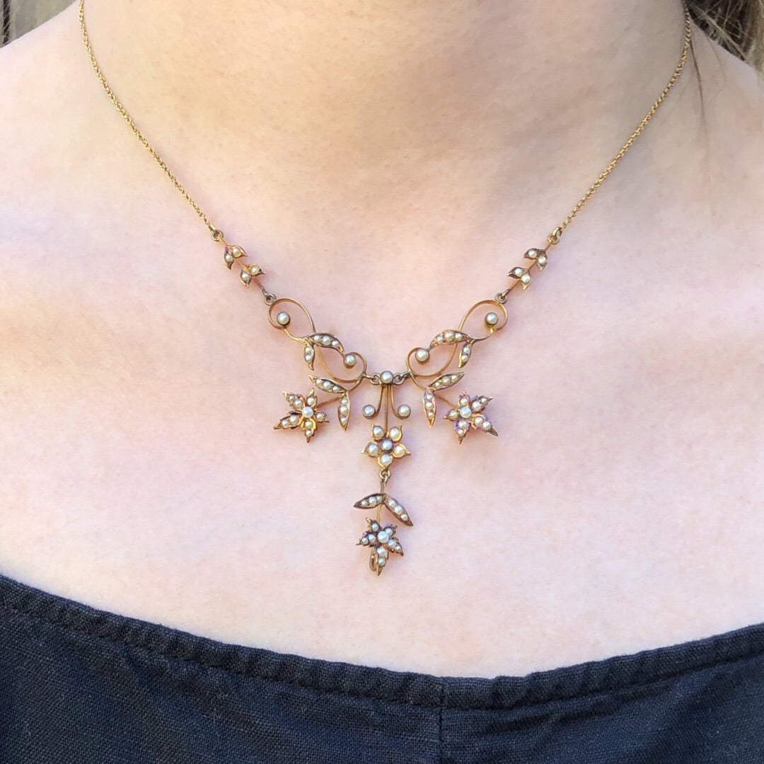 Edwardian Pearl Set Gold Leaf Necklace